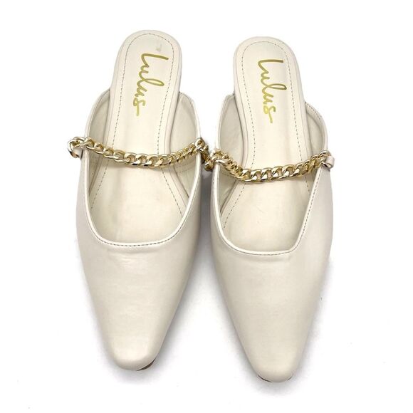 Lulus Lavareta White Chain Pointed-Toe Loafer Slides Cream Off-White Size 7.5 - Picture 4 of 16